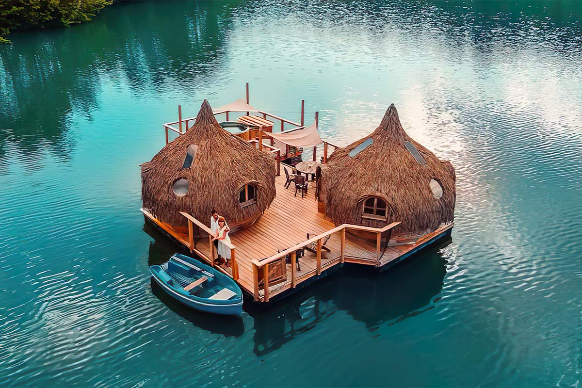 Cabins on the lake in Chassey-les-Montbozon, France.