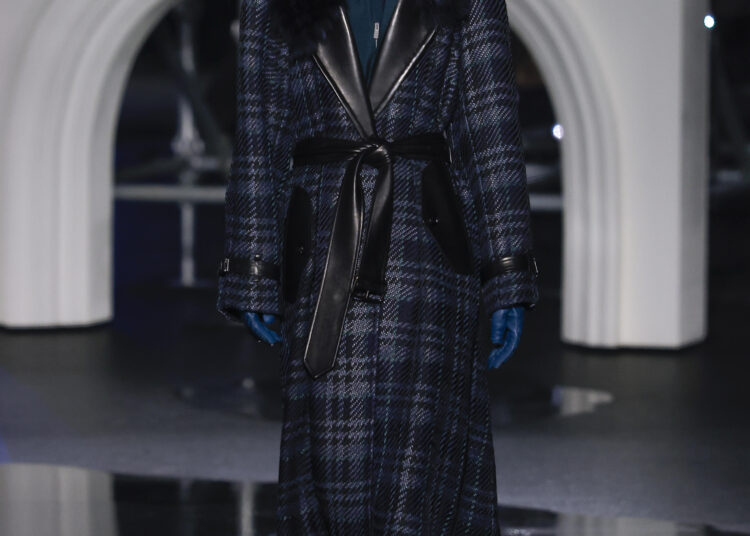 Navy check coat with a fur collar and leather lapels by Burberry, Fall/Winter 2026/27