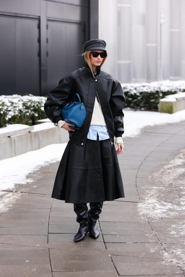 Black wide leather skirt with bomber jacket, Streetstyle Copenhagen