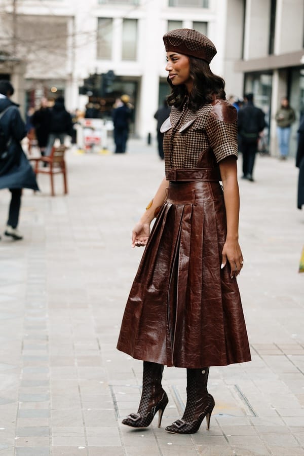 Brown pleated leather skirt set with beret, Streetstyle London