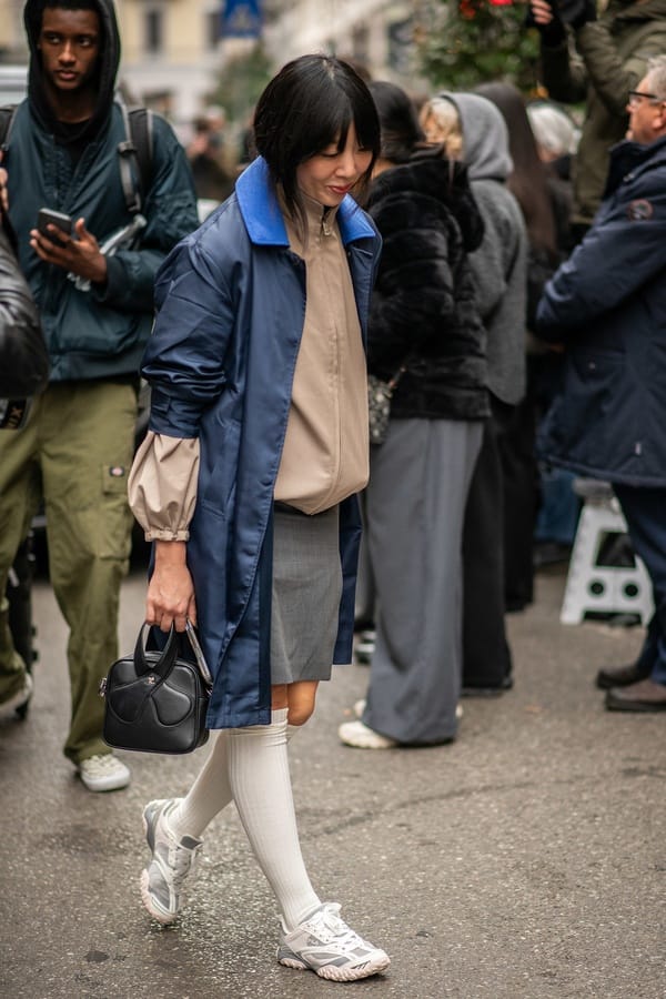 Grey mini skirt with blue coat and white knee-high socks, Streetstyle Milan